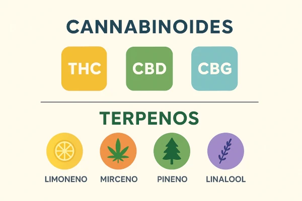 Infografía que muestra cannabinoides (THC, CBD, CBG) y terpenos clave (limoneno, mirceno, pineno, linalool)